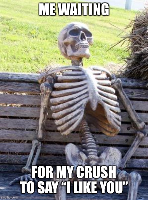 Waiting Skeleton | ME WAITING; FOR MY CRUSH TO SAY “I LIKE YOU” | image tagged in memes,waiting skeleton | made w/ Imgflip meme maker