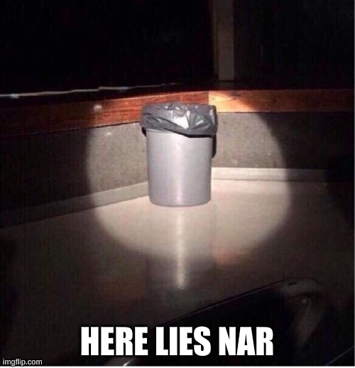 Garbage Can | HERE LIES NAR | image tagged in garbage can | made w/ Imgflip meme maker
