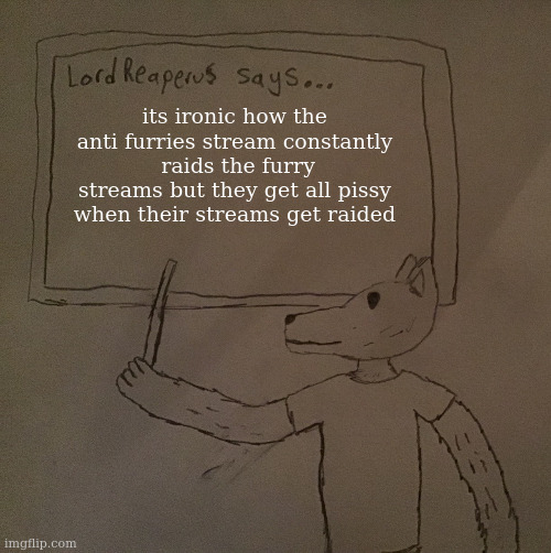 the furry streams dont even have rules that stop raids because it makes anti furry stream users look bad since they have a simil | its ironic how the anti furries stream constantly  raids the furry streams but they get all pissy when their streams get raided | image tagged in lordreaperus says | made w/ Imgflip meme maker