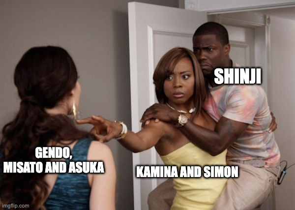 Protected Kevin Hart | SHINJI; GENDO, MISATO AND ASUKA; KAMINA AND SIMON | image tagged in protected kevin hart,neon genesis evangelion,anime | made w/ Imgflip meme maker