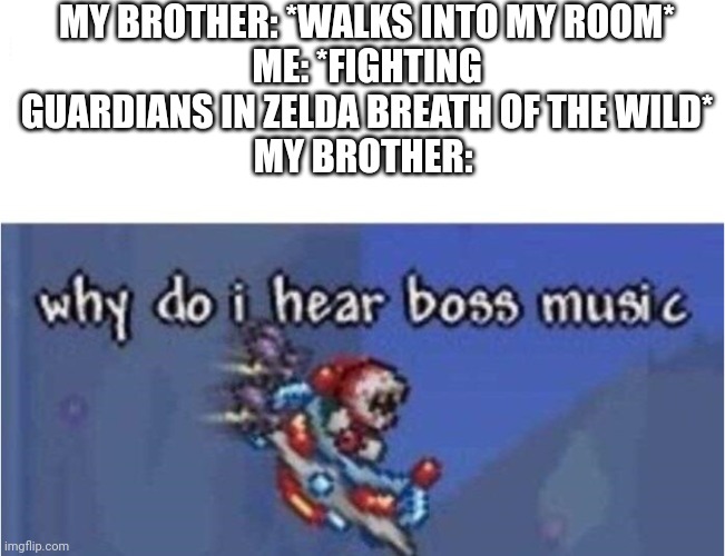 why do i hear boss music | MY BROTHER: *WALKS INTO MY ROOM*
ME: *FIGHTING GUARDIANS IN ZELDA BREATH OF THE WILD*
MY BROTHER: | image tagged in why do i hear boss music | made w/ Imgflip meme maker