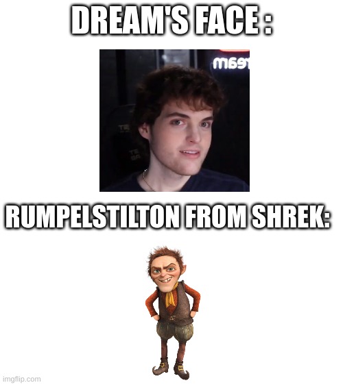 It's the same | DREAM'S FACE :; RUMPELSTILTON FROM SHREK: | image tagged in blank white template,dream,shrek,funny | made w/ Imgflip meme maker