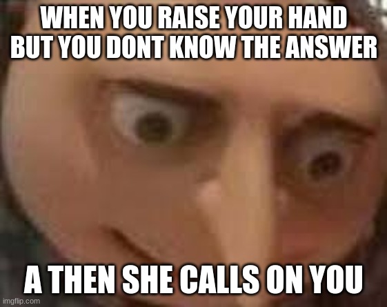 Gru Face | WHEN YOU RAISE YOUR HAND BUT YOU DONT KNOW THE ANSWER; A THEN SHE CALLS ON YOU | image tagged in gru face | made w/ Imgflip meme maker