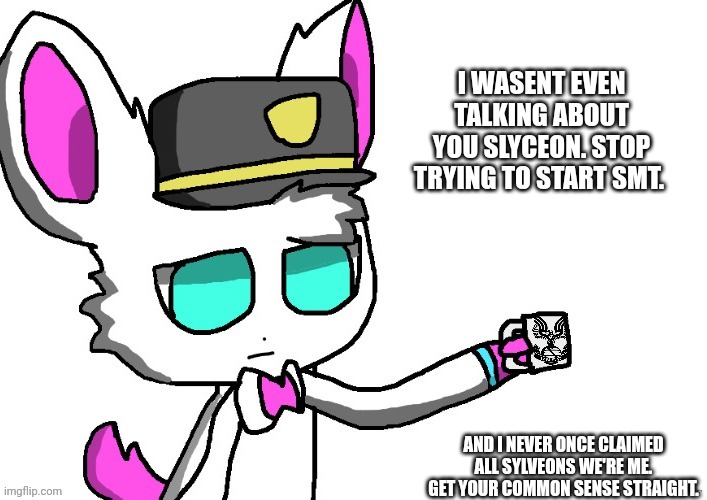 I WASENT EVEN TALKING ABOUT YOU SLYCEON. STOP TRYING TO START SMT. AND I NEVER ONCE CLAIMED ALL SYLVEONS WE'RE ME. GET YOUR COMMON SENSE STRAIGHT. | made w/ Imgflip meme maker