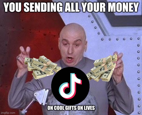 Really true meme. | YOU SENDING ALL YOUR MONEY; ON COOL GIFTS ON LIVES | image tagged in memes,dr evil laser | made w/ Imgflip meme maker