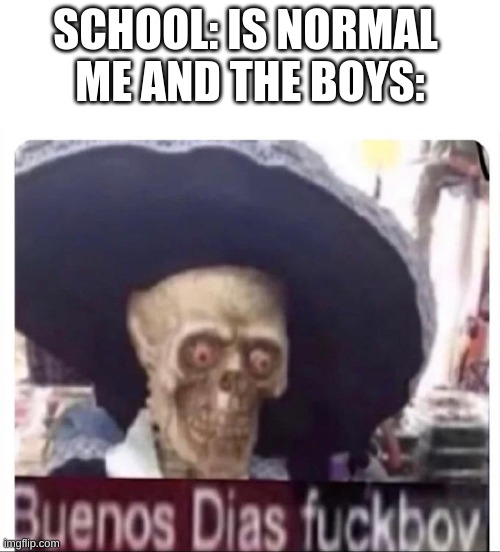 Buenos Dias Skeleton | SCHOOL: IS NORMAL 
ME AND THE BOYS: | image tagged in buenos dias skeleton | made w/ Imgflip meme maker