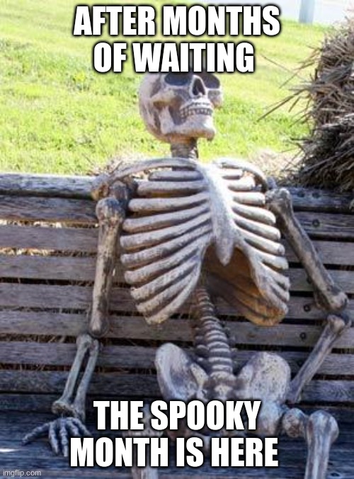 it finally here! | AFTER MONTHS OF WAITING; THE SPOOKY MONTH IS HERE | image tagged in memes,waiting skeleton | made w/ Imgflip meme maker