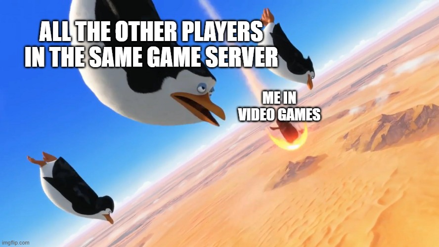 Penguins of Madagascar | ALL THE OTHER PLAYERS IN THE SAME GAME SERVER; ME IN VIDEO GAMES | image tagged in penguins of madagascar | made w/ Imgflip meme maker