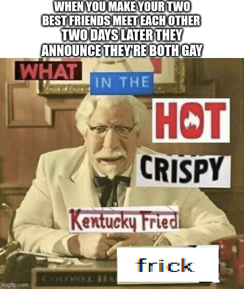 What in the hot crispy kentucky fried frick | WHEN YOU MAKE YOUR TWO BEST FRIENDS MEET EACH OTHER; TWO DAYS LATER THEY ANNOUNCE THEY'RE BOTH GAY | image tagged in what in the hot crispy kentucky fried frick,funny,funny memes | made w/ Imgflip meme maker