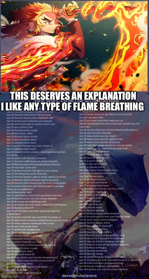 Day 23 | THIS DESERVES AN EXPLANATION I LIKE ANY TYPE OF FLAME BREATHING | image tagged in 100 day anime challenge | made w/ Imgflip meme maker
