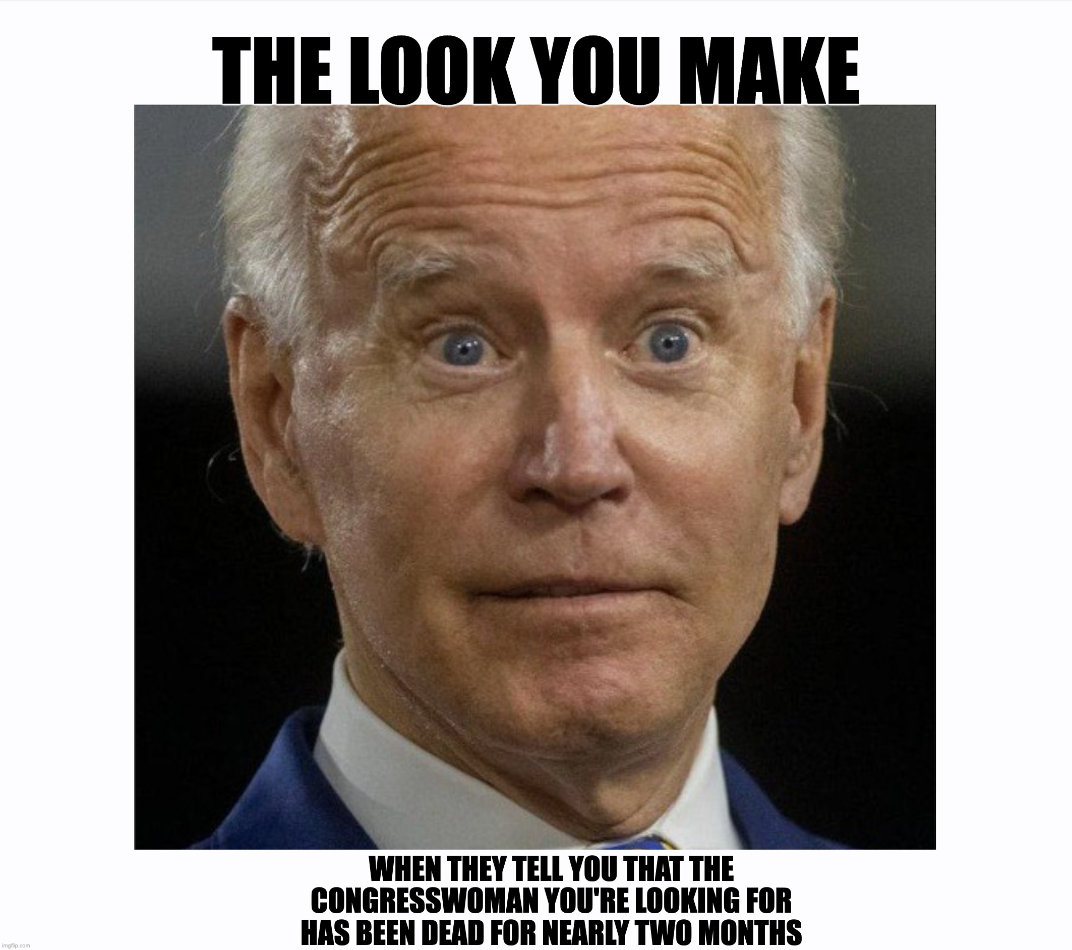 Mushhead |  THE LOOK YOU MAKE; WHEN THEY TELL YOU THAT THE CONGRESSWOMAN YOU'RE LOOKING FOR HAS BEEN DEAD FOR NEARLY TWO MONTHS | image tagged in slow joe,the light is out in the attic | made w/ Imgflip meme maker