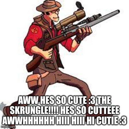 HES SO CUTE!!!!!!!!!!!!!!!!!1 | AWW HES SO CUTE :3 THE SKRUNGLE!!!! HES SO CUTTEEE AWWHHHHHH HIII HIII HI CUTIE :3 | image tagged in tf2,team fortress 2,sniper,i love him | made w/ Imgflip meme maker