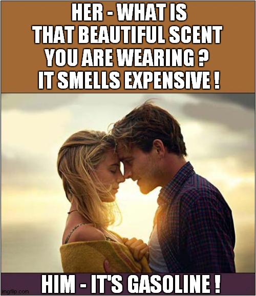 Splash It All Over:  If You Want Your Date To Go With A Bang ! | HER - WHAT IS THAT BEAUTIFUL SCENT YOU ARE WEARING ?
 IT SMELLS EXPENSIVE ! HIM - IT'S GASOLINE ! | image tagged in romantic,couples,smell,gas,petrol | made w/ Imgflip meme maker
