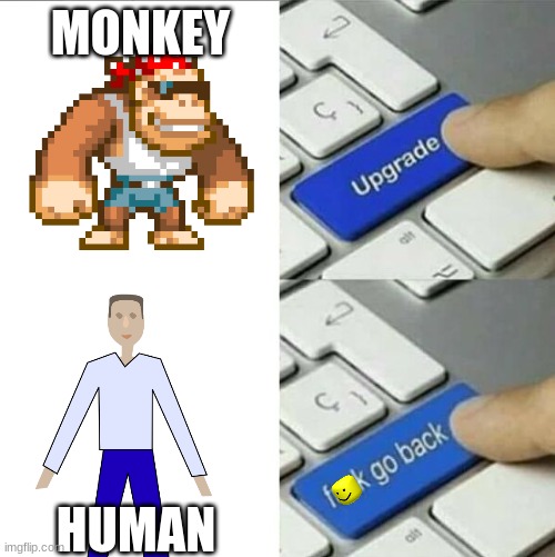 NO! GO BACK! I WANT TO BE MUNKEH AGAIN! | MONKEY; HUMAN | image tagged in monkey,human,humanity,human stupidity,evolution,human evolution | made w/ Imgflip meme maker