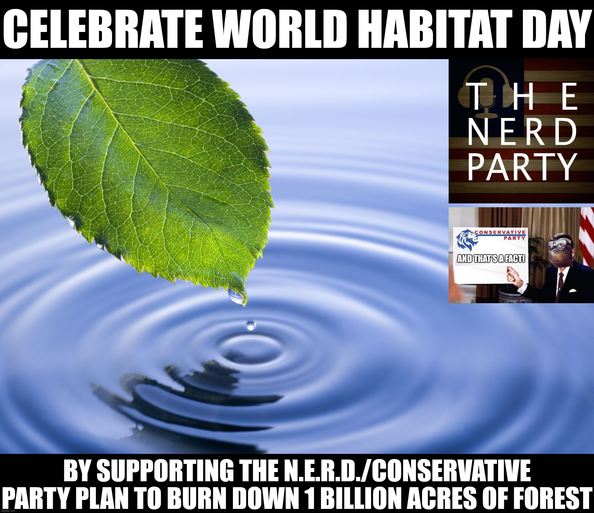 Support the creation of 1 bn. add'l acres of habitat for whatever organisms thrive in a charred wasteland. | CELEBRATE WORLD HABITAT DAY; BY SUPPORTING THE N.E.R.D./CONSERVATIVE PARTY PLAN TO BURN DOWN 1 BILLION ACRES OF FOREST | image tagged in environment game,climate change,environment,environmental,nerd party,conservative party | made w/ Imgflip meme maker
