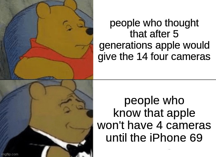 Tuxedo Winnie The Pooh Meme | people who thought that after 5 generations apple would give the 14 four cameras; people who know that apple won't have 4 cameras until the iPhone 69 | image tagged in memes,tuxedo winnie the pooh | made w/ Imgflip meme maker