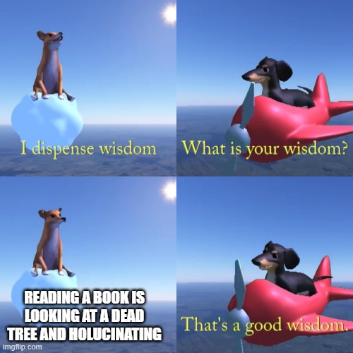 That's a good wisdom | READING A BOOK IS LOOKING AT A DEAD TREE AND HOLUCINATING | image tagged in that's a good wisdom | made w/ Imgflip meme maker