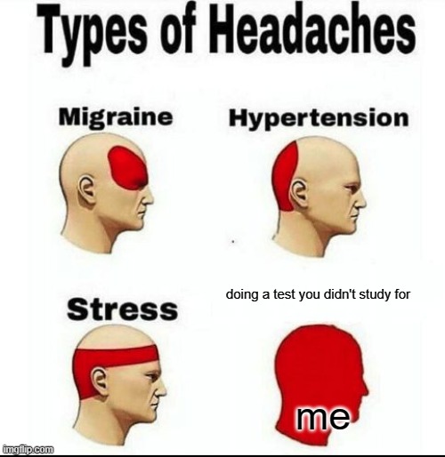 Types of Headaches meme | doing a test you didn't study for; me | image tagged in types of headaches meme | made w/ Imgflip meme maker