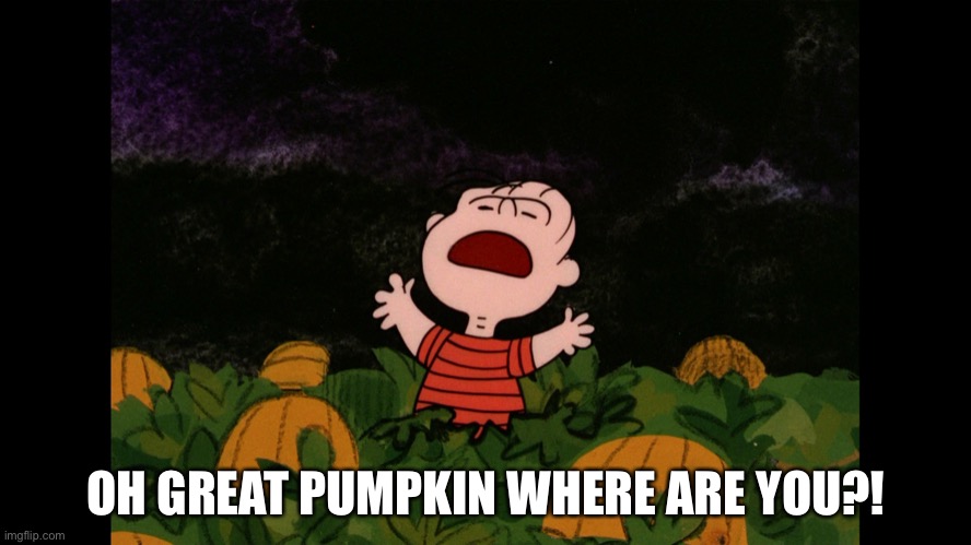 Great Pumpkin | OH GREAT PUMPKIN WHERE ARE YOU?! | image tagged in great pumpkin,peanuts | made w/ Imgflip meme maker