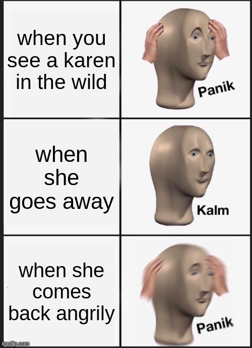 Panik Kalm Panik Meme | when you see a karen in the wild; when she goes away; when she comes back angrily | image tagged in memes,panik kalm panik | made w/ Imgflip meme maker