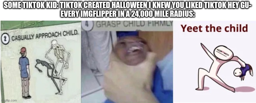 I shouldn't have said that. Now they getting the ideas. OH S- | SOME TIKTOK KID: TIKTOK CREATED HALLOWEEN I KNEW YOU LIKED TIKTOK HEY GU-
EVERY IMGFLIPPER IN A 24,000 MILE RADIUS: | image tagged in casually approach child grasp child firmly yeet the child | made w/ Imgflip meme maker