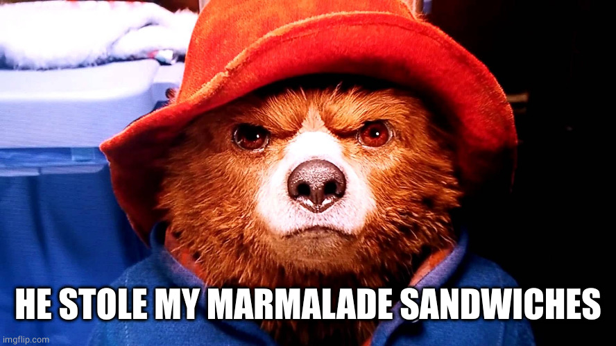 Paddington hard stare | HE STOLE MY MARMALADE SANDWICHES | image tagged in paddington hard stare | made w/ Imgflip meme maker