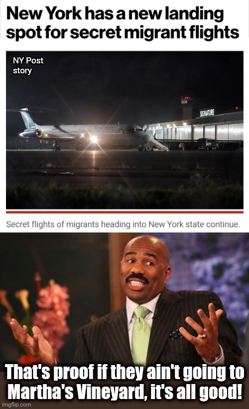 The secret flights have been switched from Westchester County Airport to Orange County Airport | NY Post
story; That's proof if they ain't going to
Martha's Vineyard, it's all good! | image tagged in memes,steve harvey,joe biden,migrant flights,illegal immigration,open borders | made w/ Imgflip meme maker