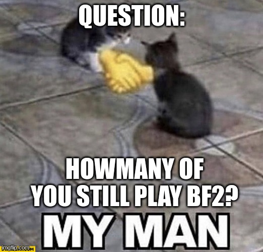 Is the game considered dead at this point? | QUESTION:; HOWMANY OF YOU STILL PLAY BF2? | image tagged in cats shaking hands,star wars battlefront,star wars | made w/ Imgflip meme maker