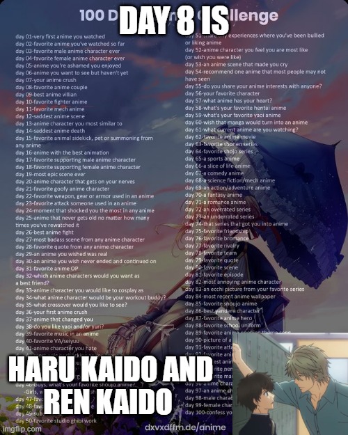 day 8 is... | DAY 8 IS; HARU KAIDO AND
REN KAIDO | image tagged in 100 day anime challenge,haru kaido,ren kaido,yaoi | made w/ Imgflip meme maker