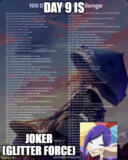day 9... | DAY 9 IS; JOKER (GLITTER FORCE) | image tagged in 100 day anime challenge,glitter force,joker | made w/ Imgflip meme maker