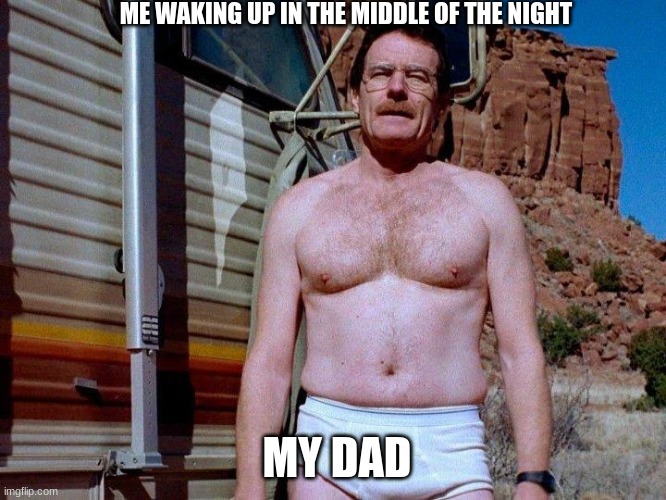 Dad's be like | ME WAKING UP IN THE MIDDLE OF THE NIGHT; MY DAD | image tagged in walter white in underwear | made w/ Imgflip meme maker