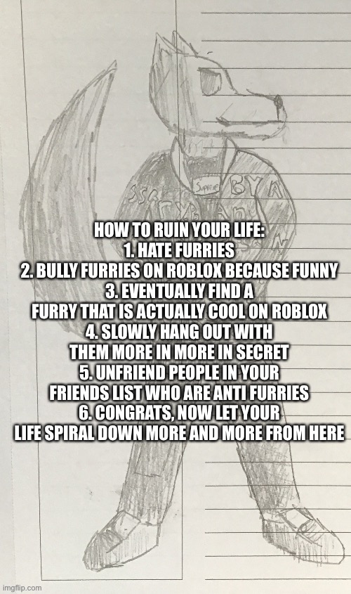 LordReaperus drip | HOW TO RUIN YOUR LIFE:
1. HATE FURRIES
2. BULLY FURRIES ON ROBLOX BECAUSE FUNNY
3. EVENTUALLY FIND A FURRY THAT IS ACTUALLY COOL ON ROBLOX
4. SLOWLY HANG OUT WITH THEM MORE IN MORE IN SECRET
5. UNFRIEND PEOPLE IN YOUR FRIENDS LIST WHO ARE ANTI FURRIES
6. CONGRATS, NOW LET YOUR LIFE SPIRAL DOWN MORE AND MORE FROM HERE | image tagged in lordreaperus drip | made w/ Imgflip meme maker