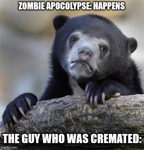 much sad |  ZOMBIE APOCOLYPSE: HAPPENS; THE GUY WHO WAS CREMATED: | image tagged in memes,confession bear,my zombie apocalypse team,funny,dark humor | made w/ Imgflip meme maker