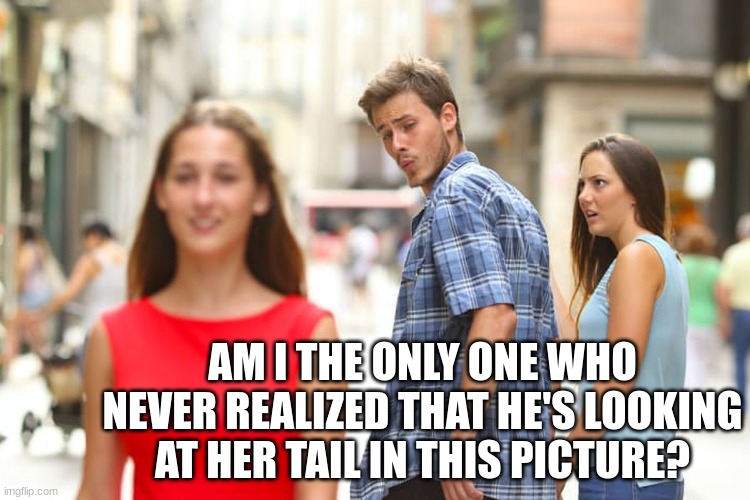 I'm sure everyone except for me realized this ... | AM I THE ONLY ONE WHO NEVER REALIZED THAT HE'S LOOKING AT HER TAIL IN THIS PICTURE? | image tagged in memes,distracted boyfriend | made w/ Imgflip meme maker