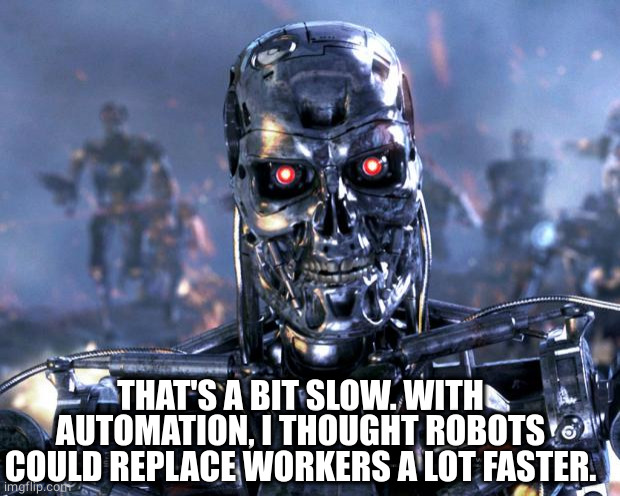 Terminator Robot T-800 | THAT'S A BIT SLOW. WITH AUTOMATION, I THOUGHT ROBOTS COULD REPLACE WORKERS A LOT FASTER. | image tagged in terminator robot t-800 | made w/ Imgflip meme maker