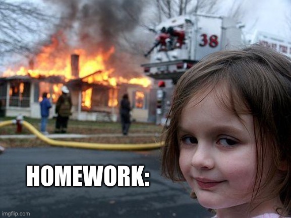 Disaster Girl Meme | HOMEWORK: | image tagged in memes,disaster girl | made w/ Imgflip meme maker