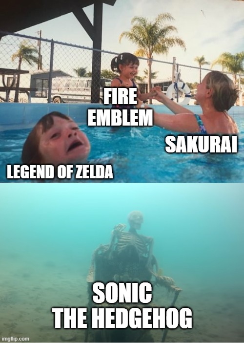 I feel like Sakurai has neglected the Sonic franchise a bit | FIRE EMBLEM; SAKURAI; LEGEND OF ZELDA; SONIC THE HEDGEHOG | image tagged in swimming pool kids | made w/ Imgflip meme maker