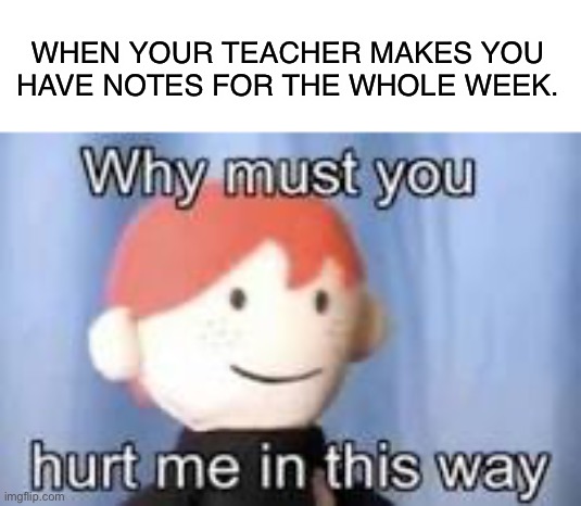 Why | WHEN YOUR TEACHER MAKES YOU HAVE NOTES FOR THE WHOLE WEEK. | image tagged in why must you hurt me in this way | made w/ Imgflip meme maker