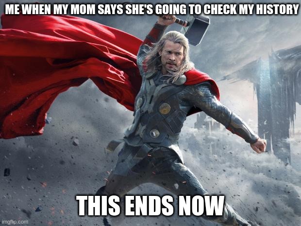 thor1 | WHEN MY MOM SAYS SHE'S GOING TO CHECK MY HISTORY; THIS ENDS NOW | image tagged in thor1 | made w/ Imgflip meme maker
