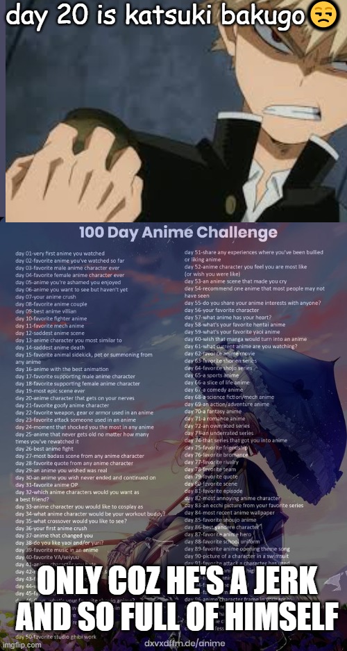 day 20 | day 20 is katsuki bakugo😒; ONLY COZ HE'S A JERK AND SO FULL OF HIMSELF | image tagged in my hero academia,100 day anime challenge,bakugo | made w/ Imgflip meme maker