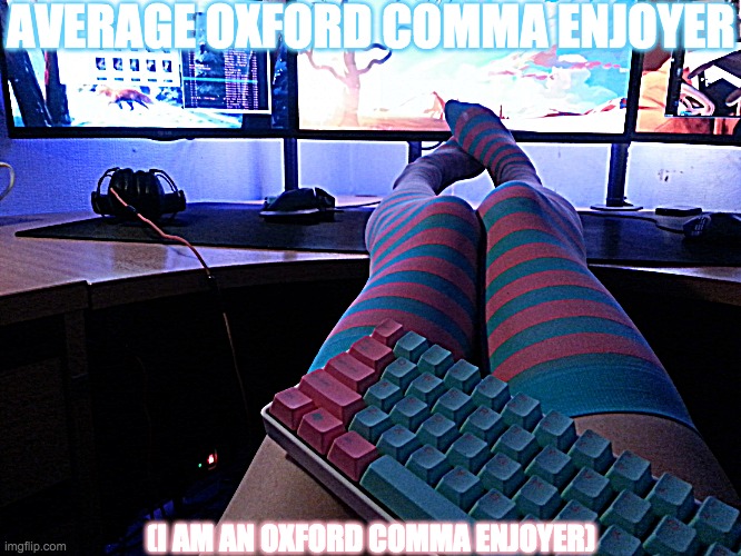 , | AVERAGE OXFORD COMMA ENJOYER; (I AM AN OXFORD COMMA ENJOYER) | image tagged in programmer socks | made w/ Imgflip meme maker