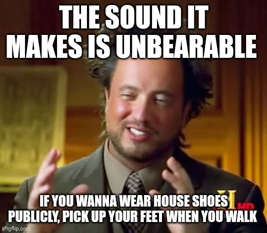 Ancient Aliens | THE SOUND IT MAKES IS UNBEARABLE; IF YOU WANNA WEAR HOUSE SHOES PUBLICLY, PICK UP YOUR FEET WHEN YOU WALK | image tagged in memes,ancient aliens | made w/ Imgflip meme maker