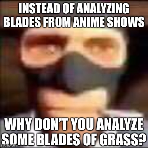 P | INSTEAD OF ANALYZING BLADES FROM ANIME SHOWS; WHY DON’T YOU ANALYZE SOME BLADES OF GRASS? | image tagged in spi | made w/ Imgflip meme maker