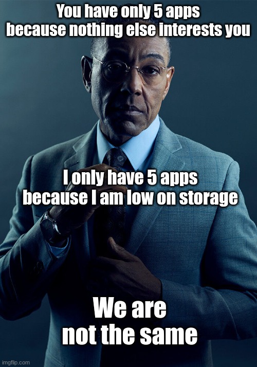 Relatable, huh? | You have only 5 apps because nothing else interests you; I only have 5 apps because I am low on storage; We are not the same | image tagged in gus fring we are not the same | made w/ Imgflip meme maker