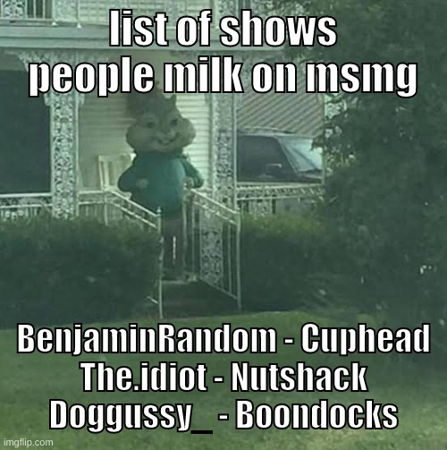 milk | list of shows people milk on msmg; BenjaminRandom - Cuphead
The.idiot - Nutshack
Doggussy_ - Boondocks | image tagged in memes,funny,stalking theodore,milk,msmg,user | made w/ Imgflip meme maker