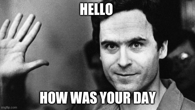 ted bundy greeting | HELLO; HOW WAS YOUR DAY | image tagged in ted bundy greeting | made w/ Imgflip meme maker
