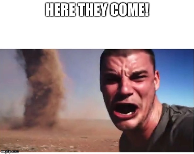 Look here they come! | HERE THEY COME! | image tagged in look here they come | made w/ Imgflip meme maker