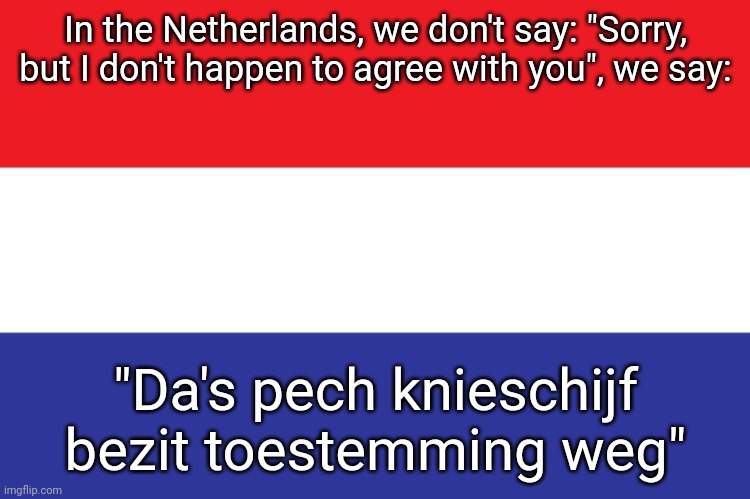 DAS PECH | In the Netherlands, we don't say: "Sorry, but I don't happen to agree with you", we say:; "Da's pech knieschijf bezit toestemming weg" | image tagged in dutch flag,netherlands | made w/ Imgflip meme maker