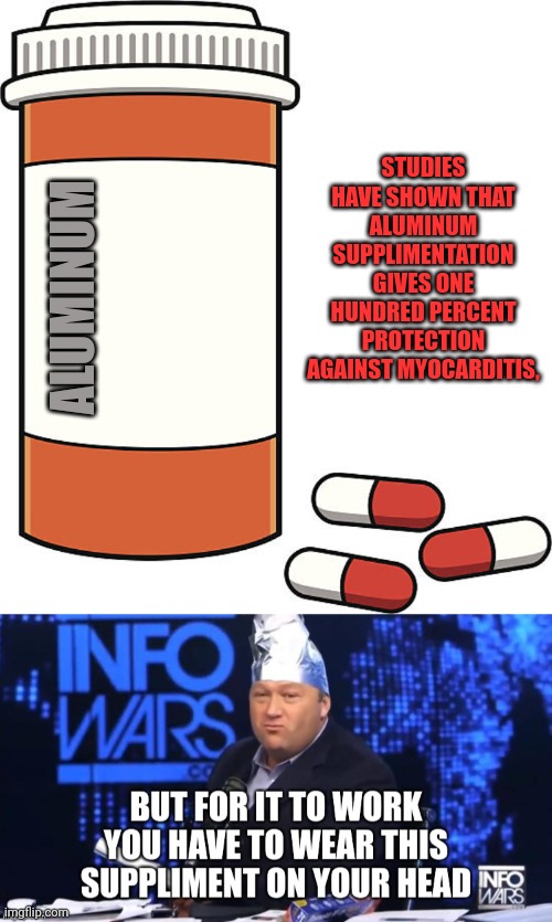 100% Protection | STUDIES HAVE SHOWN THAT ALUMINUM SUPPLIMENTATION GIVES ONE HUNDRED PERCENT PROTECTION AGAINST MYOCARDITIS, ALUMINUM | image tagged in pill bottle | made w/ Imgflip meme maker