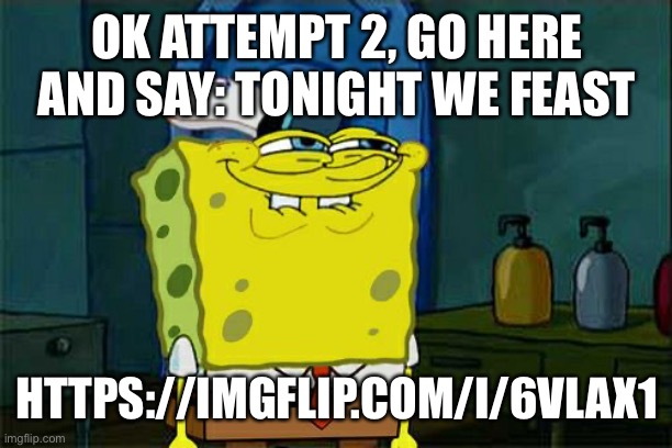 Ignore the other one | OK ATTEMPT 2, GO HERE AND SAY: TONIGHT WE FEAST; HTTPS://IMGFLIP.COM/I/6VLAX1 | image tagged in memes,don't you squidward | made w/ Imgflip meme maker